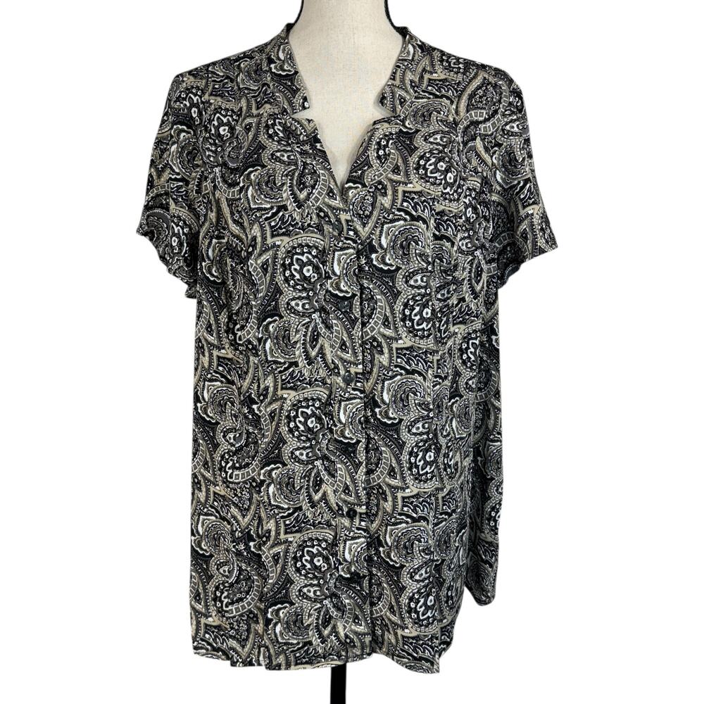 Croft & Barrow 1X-Large Top Geometric V-Neck Button-Up Cap Sleeve Pintuck Multi